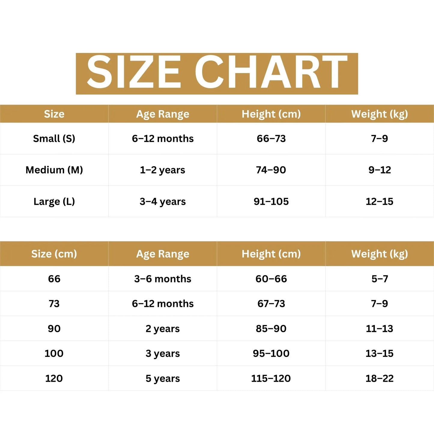 Size chart for children's clothing with age range, height, and weight ranges.