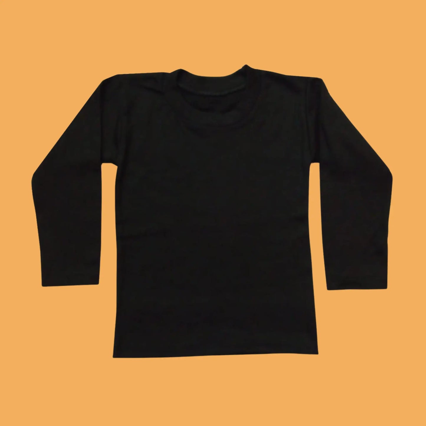 Black long-sleeve shirt on a mustard yellow background