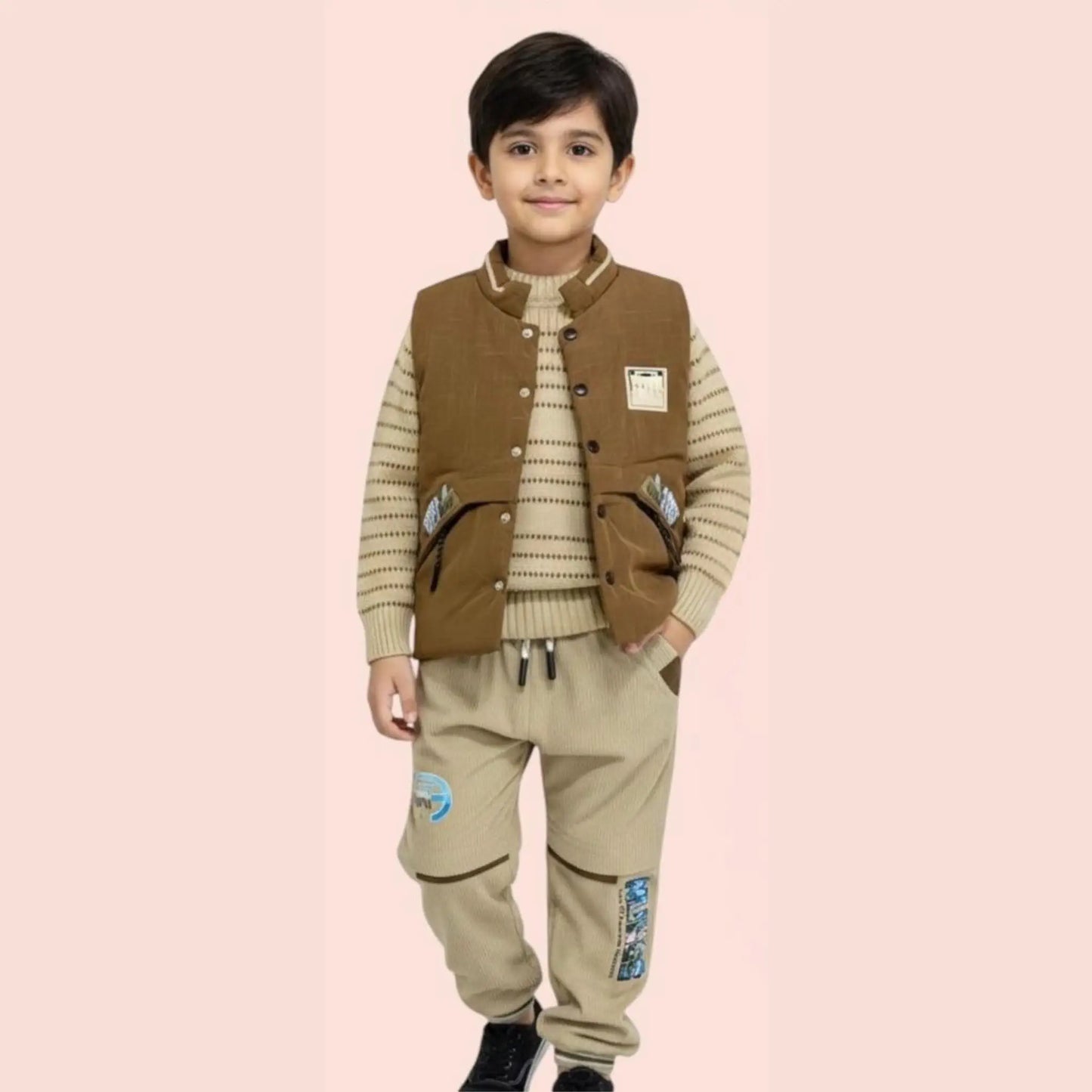 Child wearing a brown vest and beige pants on a pink background