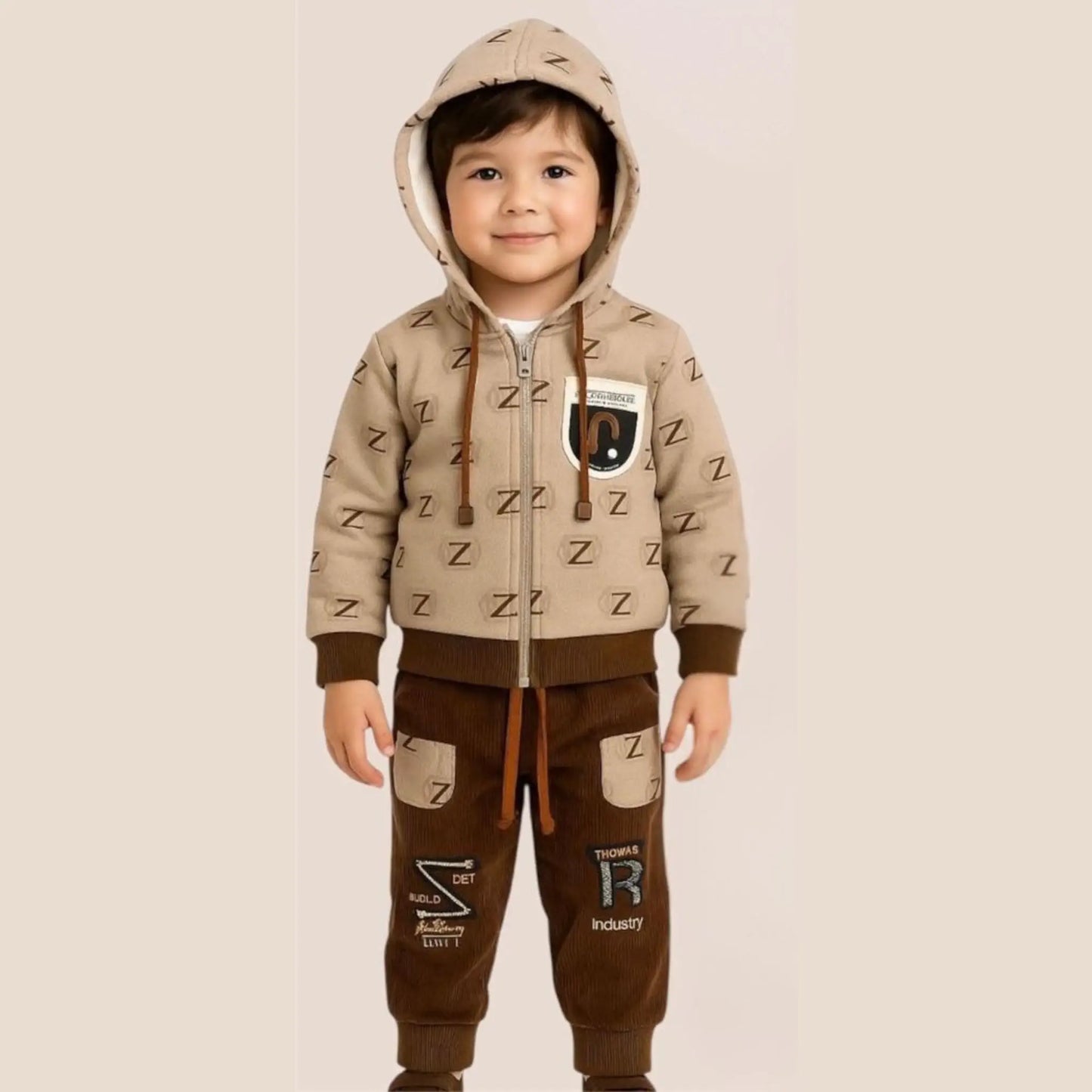 Child wearing a beige and brown outfit with a hood on a beige background