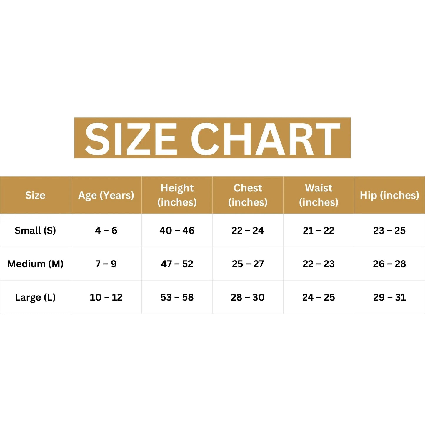 Size chart for children's clothing with age, height, chest, waist, and hip measurements.
