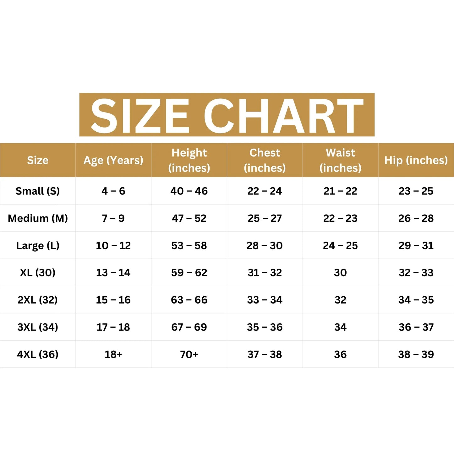 Size chart for clothing with age, height, chest, waist, and hip measurements.
