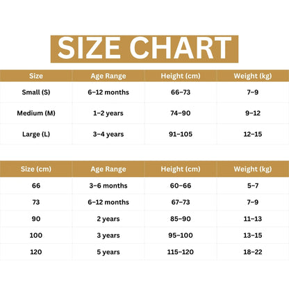 Size chart for children's clothing with age range, height, and weight ranges.