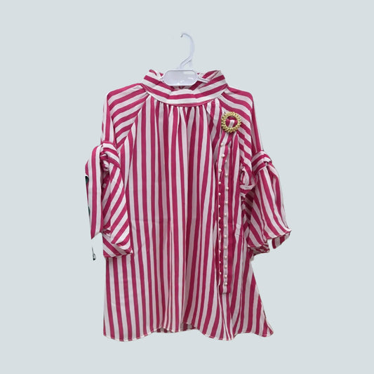 Red and white striped shirt on a hanger against a light gray background