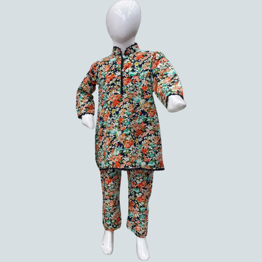 Colorful floral outfit on a mannequin against a light gray background