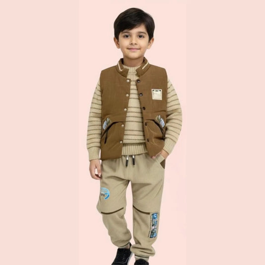 Child wearing a brown vest and beige pants on a pink background