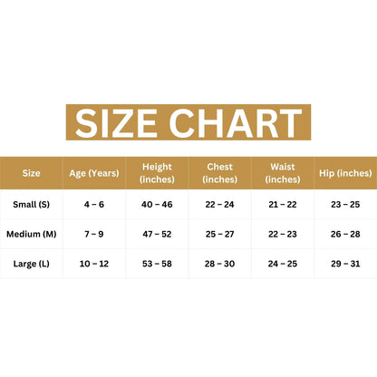 Size chart for children's clothing with age, height, chest, waist, and hip measurements.